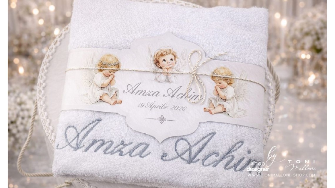 Trusou botez băiat Înger Alb elegant cu îngerași și aripi brodate 21